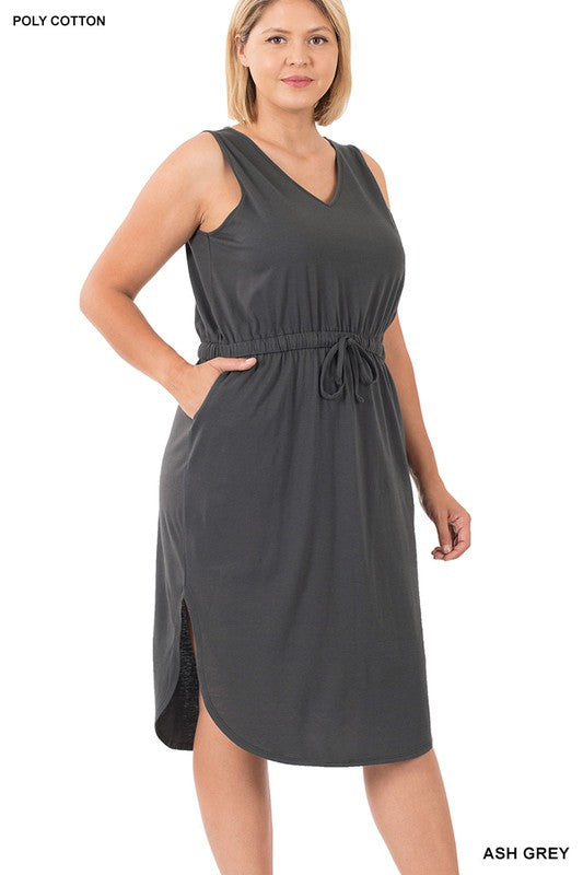 PLUS POLY COTTON DRAWSTRING WAIST CURVED HEM DRESS