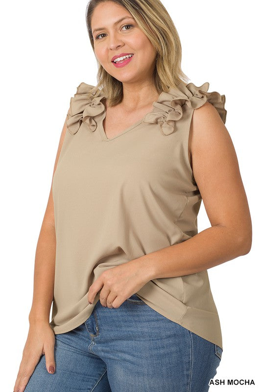 PLUS WOVEN WOOL DOBBY RUFFLE TRIM SLEEVELESS TOP