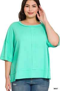 PLUS RIB BOAT NECK DOLMAN SLEEVE TOP W FRONT SEAM