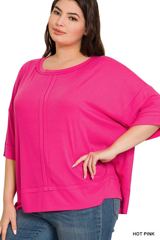 PLUS RIB BOAT NECK DOLMAN SLEEVE TOP W FRONT SEAM