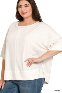 PLUS RIB BOAT NECK DOLMAN SLEEVE TOP W FRONT SEAM