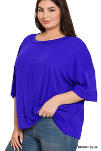 PLUS RIB BOAT NECK DOLMAN SLEEVE TOP W FRONT SEAM