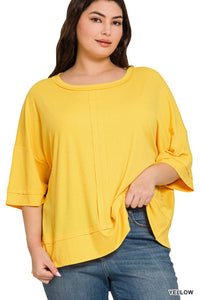 PLUS RIB BOAT NECK DOLMAN SLEEVE TOP W FRONT SEAM