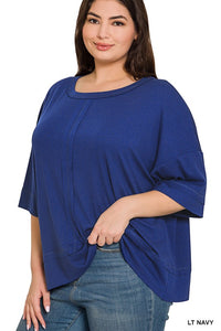 PLUS RIB BOAT NECK DOLMAN SLEEVE TOP W FRONT SEAM