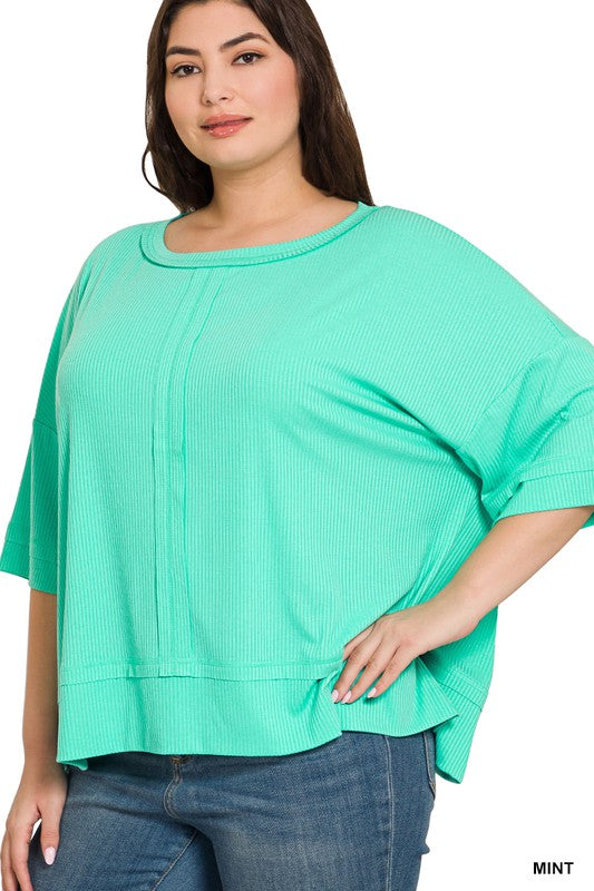 PLUS RIB BOAT NECK DOLMAN SLEEVE TOP W FRONT SEAM