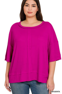 PLUS RIB BOAT NECK DOLMAN SLEEVE TOP W FRONT SEAM