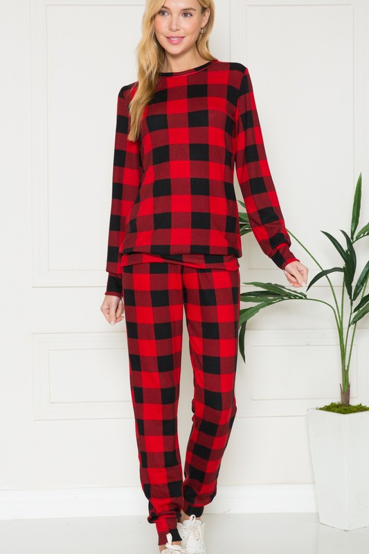 Plus Plaid Long Sleeve Lounge Set