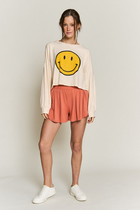 SMILEY FACE LONG SLEEVE CROP TOP PLUS KRT1405P