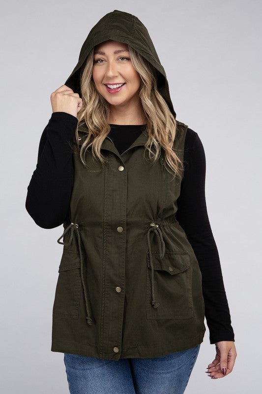 Plus Drawstring Waist Military Hoodie Vest