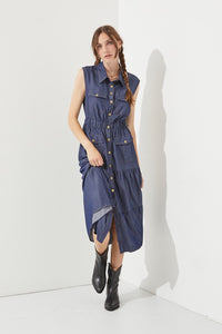 PLUS SLEEVELESS BUTTON DOWN COLLARED DENIM DRESS