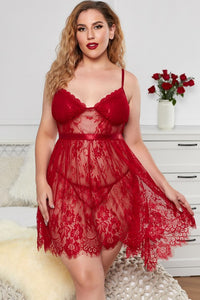 Shade Bra Sheer Floral Lace Plus Babydoll In Red